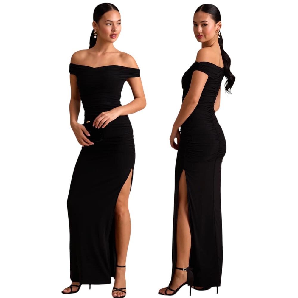 Lulus Scotia Black Mesh Ruched Off-the-Shoulder Maxi Dress size Large NWT